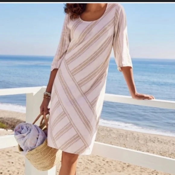 Soft Surroundings Petite Equinox Dress Striped Linen Knee Length Neutral White - Picture 14 of 14